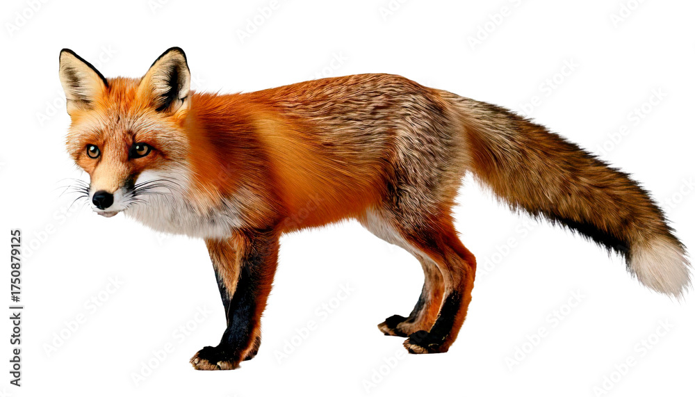 Fototapeta premium Beautiful red fox standing alert with its tail stretched behind, showing soft fur details and bright eyes in natural pose