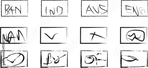 Set of Sketchy Hand-Drawn Sports Team Abbreviations and Abstract Scribble Mark Icons