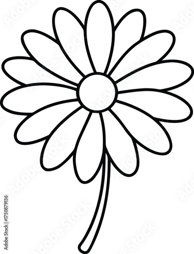 A charming black and white line art illustration of a daisy flower with a stem, isolated on a clean, perfect for simple designs