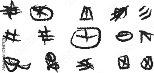 Set of Abstract Black and White Grunge Scratchy Marks and Sketchy Doodle Symbols