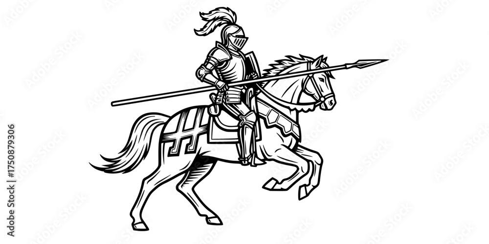 Fototapeta premium Knight Riding Horse with Spear Logo. Vintage Black & White Outline Line Art Drawing. Medieval, Heraldry, & Fantasy Emblem Vector.