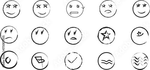 Hand-Drawn Sketchy Black and White Doodle Set of Emoticon Faces and Simple Abstract Symbols