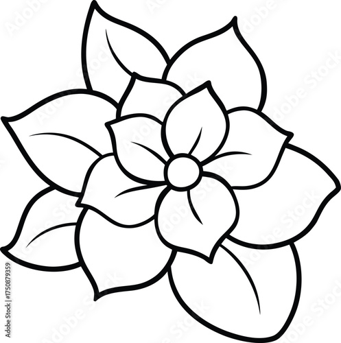 A stylized black and white line art illustration of a blooming flower with multiple layers of petals and leaves, isolated on a, ideal for decorative purposes