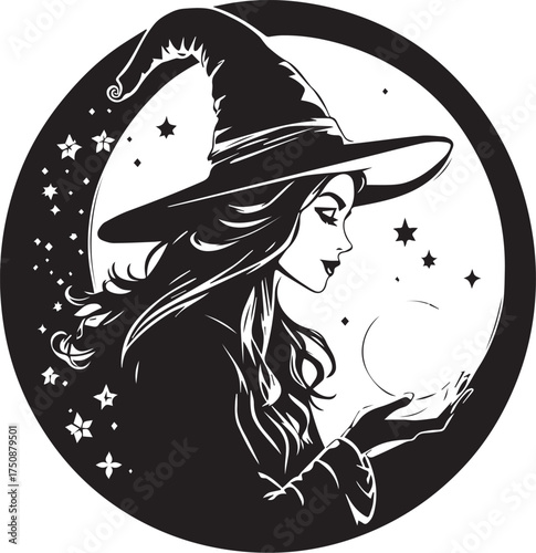 Mystical witch with crystal ball and stars vector in black and white for magical fantasy and folklore themes