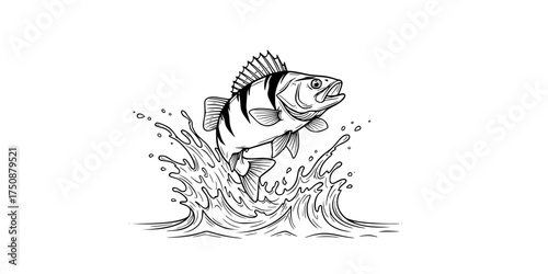 Perch Fish Jumping from Water with Dramatic Splash. Black & White Outline Line Art Drawing. Fishing, Wildlife, & Aquatic Nature Graphic.

