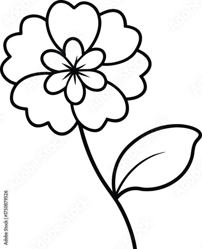 A charming black and white line drawing of a single flower with scalloped petals and a leaf on a stem, isolated on a, suitable for various design applications