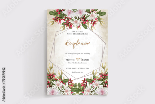 WEDDING INVITATION FRAME WITH FLOWER DECORATIONS AND FRESH LEAVES