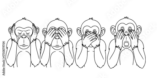 Four Monkeys Hear See Speak No Evil. Black & White Outline Line Art Drawing. Proverb, Wisdom, Japanese Culture, & Moral Lesson.

