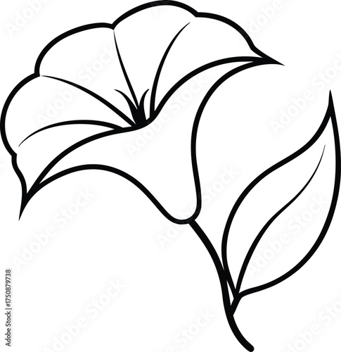 A minimalist black and white line art illustration of a single bellshaped flower with leaves, isolated on a clean, suitable for decorative or botanical designs