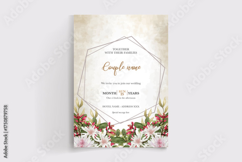 WEDDING INVITATION FRAME WITH FLOWER DECORATIONS AND FRESH LEAVES