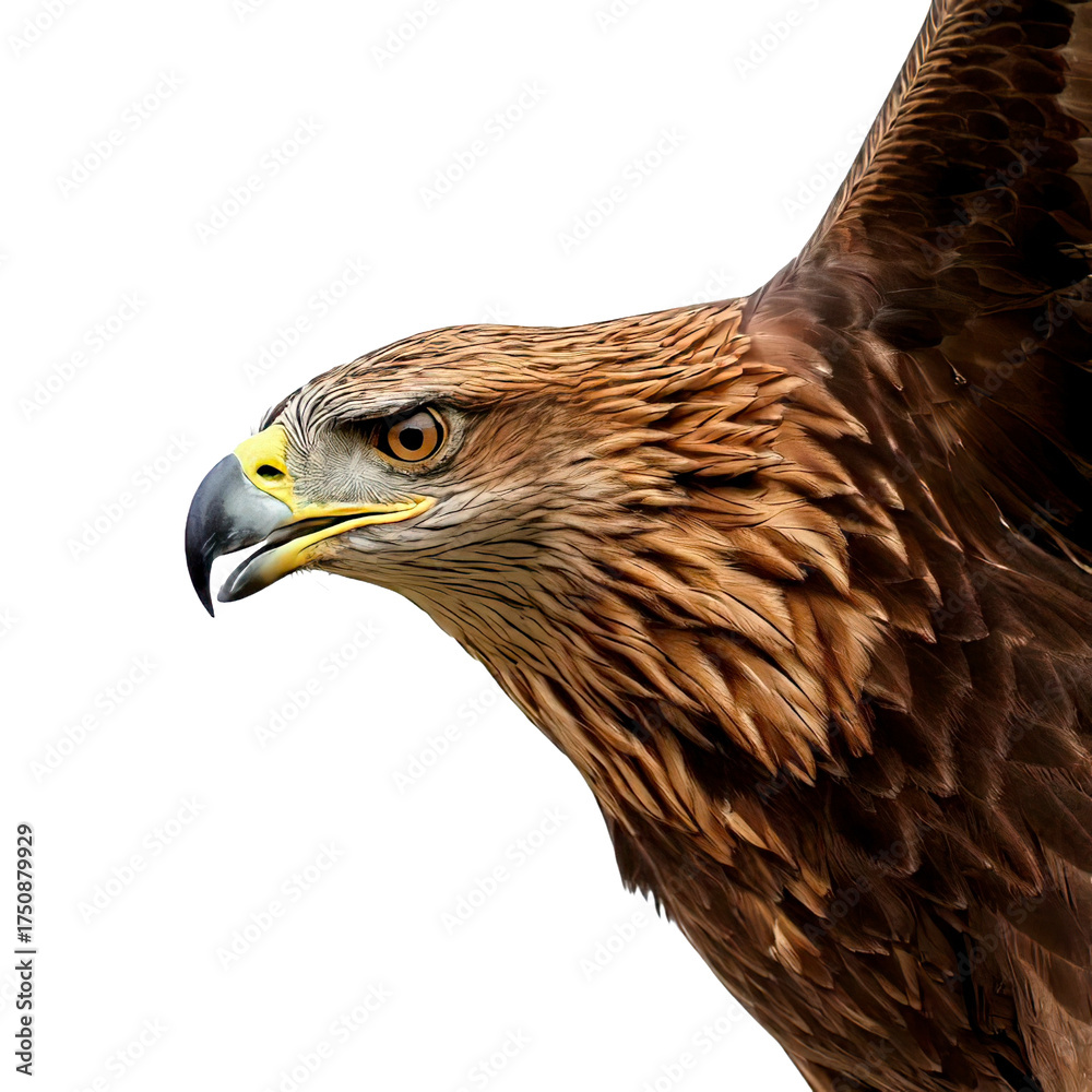 Obraz premium Powerful eagle head close up with sharp beak and intense eye, detailed brown feathers and wing partially visible, isolated on transparency background for dramatic effect
