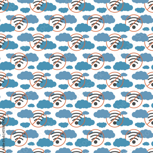 Offline life seamless pattern for mindfulness branding with crossed WiFi signs in a cloud sky
