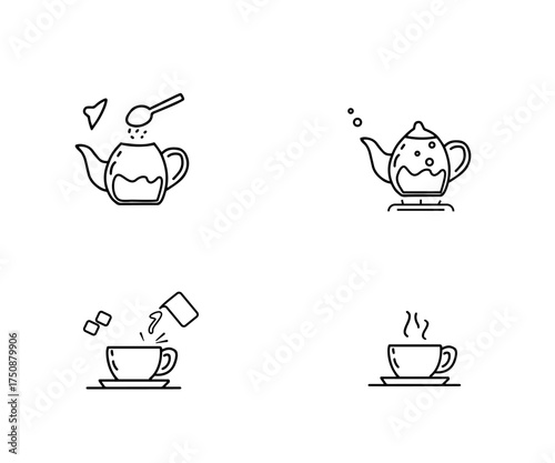a set of Hand drawn illustrations showing process for making tea in a teapot with tea leaves. 