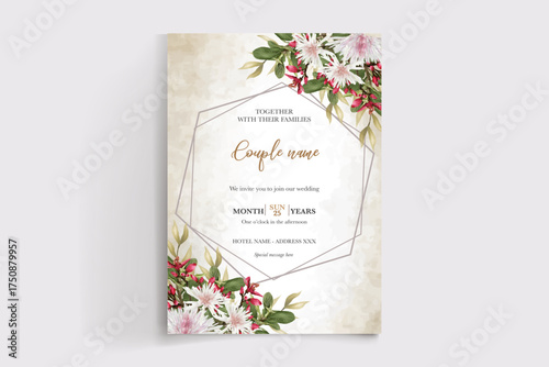 WEDDING INVITATION FRAME WITH FLOWER DECORATIONS AND FRESH LEAVES