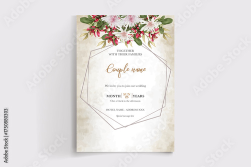 WEDDING INVITATION FRAME WITH FLOWER DECORATIONS AND FRESH LEAVES