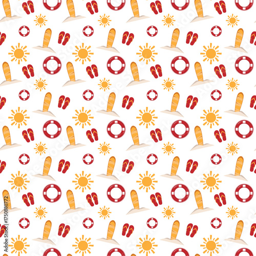 Beach sun sandals surfboard and rescue ring seamless pattern for vacation products