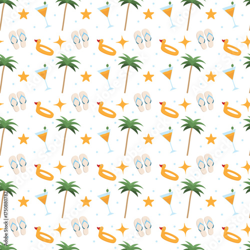 Beach vibe seamless pattern. palm, sandals, martini, inflatable duck, spark stars, for packaging