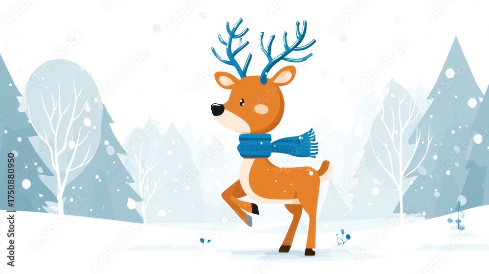 Fototapeta premium Cartoon deer with blue scarf, in winter snow scene, pines, illustration, cute