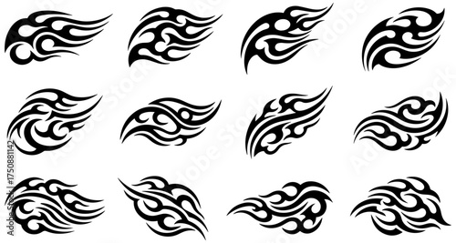 Tribal flame designs collection, dynamic tattoo elements, fiery ornate vector graphics set