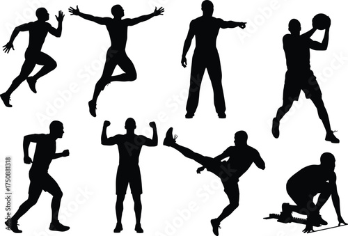 Athletic male silhouette set, running, jumping, kicking, flexing, sprinting, pointing, basketball pose, dynamic sports action, fitness vector illustration