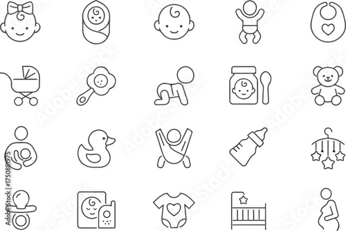 Baby Line Editable Icons Set – Thin Vector Illustration of Newborn Care, Toys, Clothes, Accessories, and Motherhood Elements on White Background