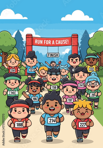 Illustration of a large group of cheerful runners participating in a marathon to support a charitable cause