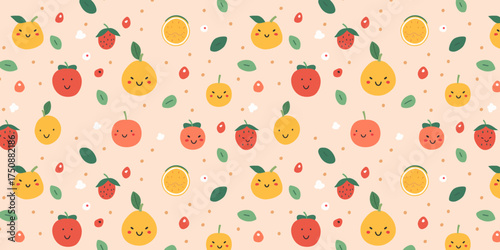 Seamless artistic pattern with abstract fruits flowers simple shapes leaves tangerines apples oranges pears strawberries and citrus in bright summer tones for textiles and wallpapers