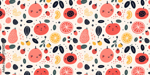 Artistic seamless pattern with abstract flowers shapes leaves lemons and pears in yellow and blue for textile wallpaper and fashion surface design