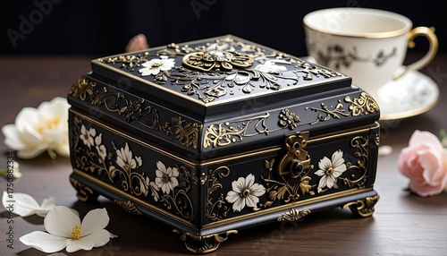 Black And Gold Ornate Jewelry Box With Flowers