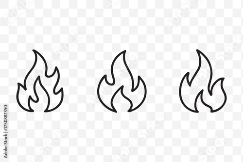 Fire flames icon set. Burning hot vector silhouettes on transparent background