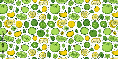 Seamless pattern of fruit slices and leaves in green and yellow tones ideal for textile fabric wallpaper and tropical summer design