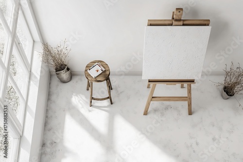 Artist's studio with easel chair and blank canvas in a bright room.