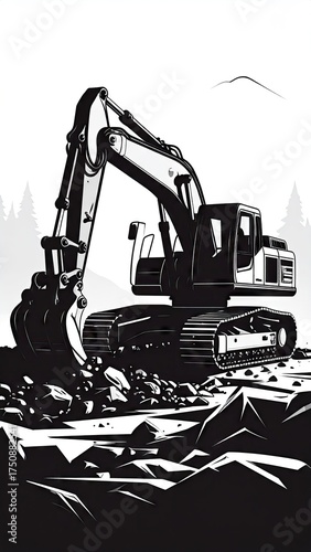 Black And White Excavator Illustration Against Mountain Landscape