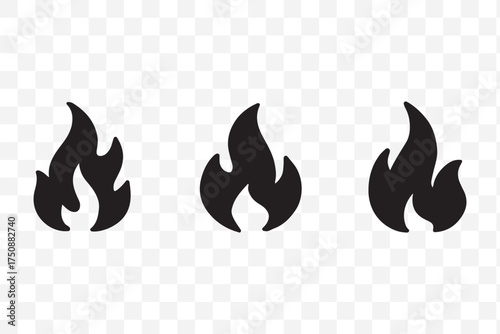 Fire flames icon set. Burning hot vector silhouettes on transparent background