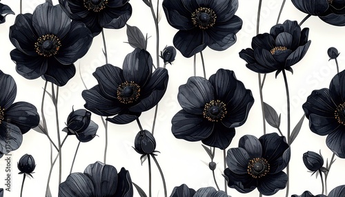 Black Flowers on White Background Seamless Pattern