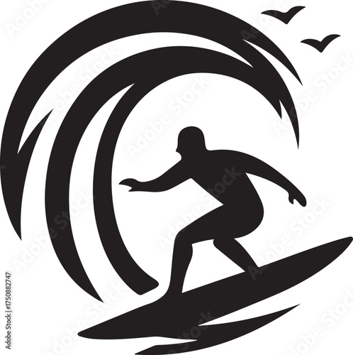 Surfer riding a large wave silhouette isolated on white background