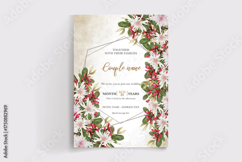 WEDDING INVITATION FRAME WITH FLOWER DECORATIONS AND FRESH LEAVES
