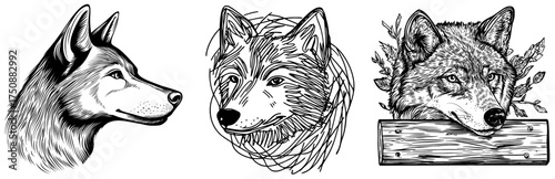 The head of a wolf is illustrated in black and white with detailed fur and a fiercely intense expression