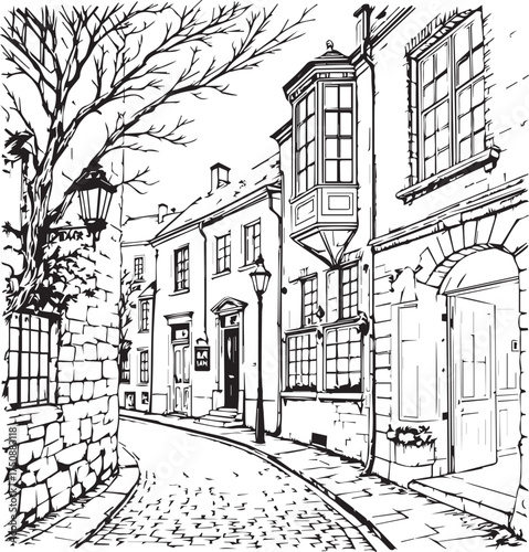 Black and white vector illustration of charming cobblestone street with vintage buildings and leafless tree
