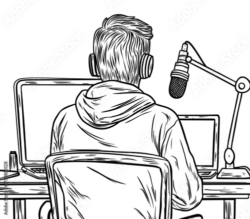 A person in a hoodie is represented by a silhouette, utilizing a laptop and microphone to signify cybersecurity