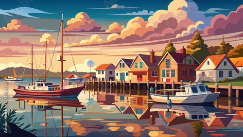 Very beautiful harbor of Chincoteague, Virginia, with boats resting on calm waters, cloudy coastal sky, and soft reflections in peaceful seaside mood.
