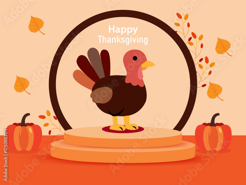 Thanksgiving poster, banner and web header template. Vector 3d pedestal podium product sale with turkey bird fall illustration