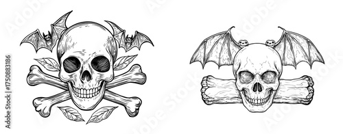 The image of a skull and crossbones surrounded by bats, rendered in black and white, exudes a spooky feeling
