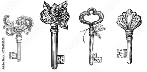 An ornate vintage key silhouette is depicted in black on a white background with an intricate baroque design