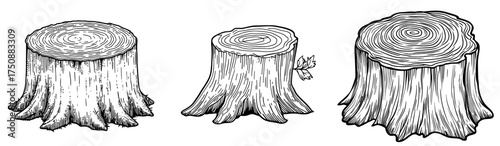 The illustration features a tree stump with visible growth rings and roots, presented in black and white