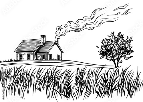 The traditional house features a distinctive silhouette, complete with a chimney and showcasing vintage architectural design elements