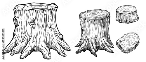 A detailed tree stump with visible rings and textured bark is depicted in black and white illustration