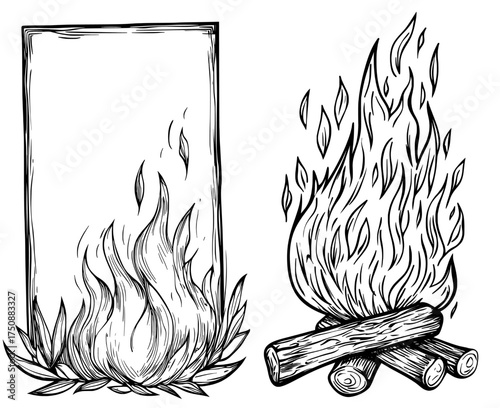 The abstract silhouette of a flame is depicted in black, with dynamic curves and bold elements of design