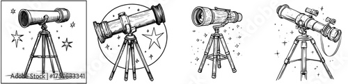 Black and white illustration of a telescope with stars, representing astronomy and stargazing