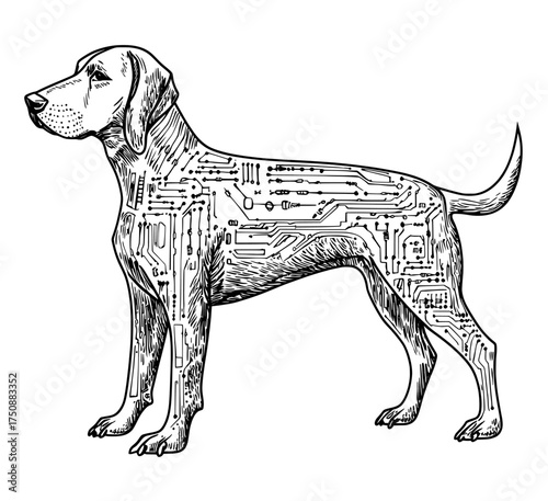 A futuristic robotic dog design incorporates circuit patterns and cybernetic elements in a black and white color scheme